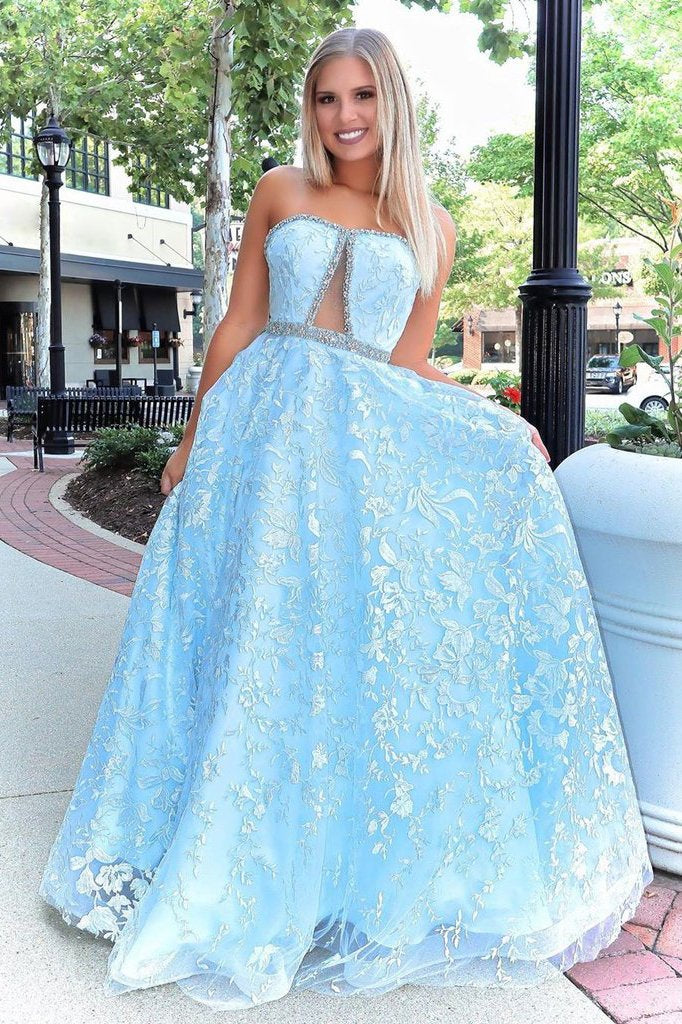 Stunning A-line Strapless Sky Blue Lace Beaded Long Prom Dresses Evening Dress PDT2
