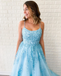 New Arrival A-line Spaghetti Straps Lace Appliques Long Blue Prom Dresses PDT5