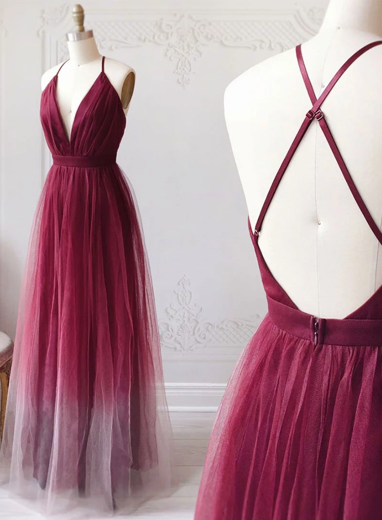 A-line Spaghetti Straps Ombre Long Tulle Prom Dresses Party Dresses PDR69