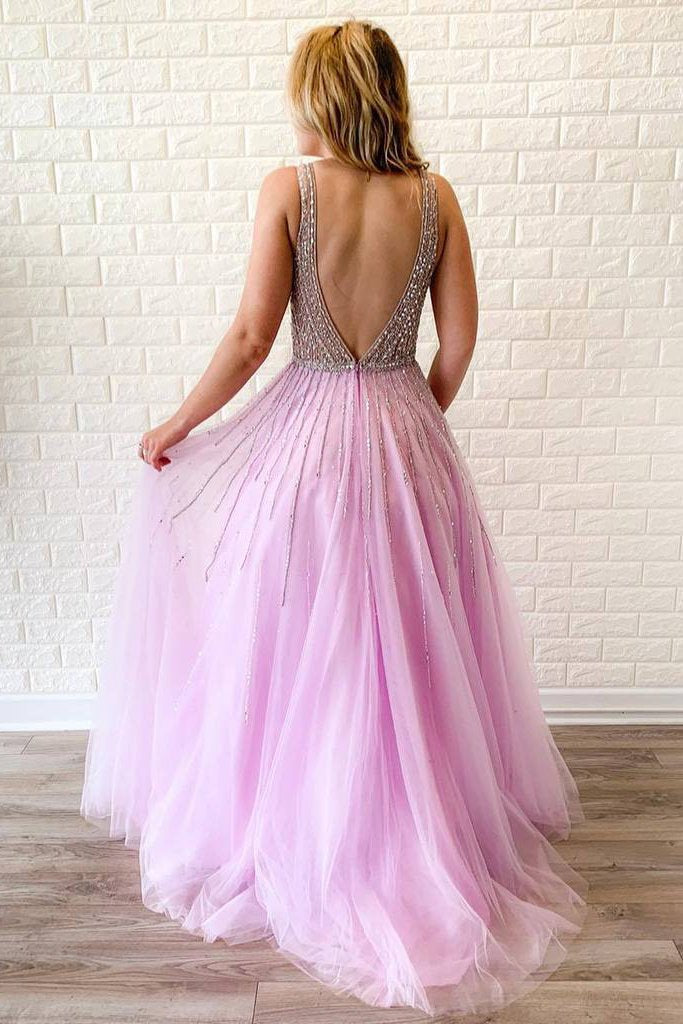 A-line V Neck Lilac Long Prom Dresses Tulle Beaded Evening Gowns PDR64