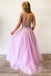 A-line V Neck Lilac Long Prom Dresses Tulle Beaded Evening Gowns PDR64