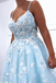Spaghetti Straps Sky Blue Floral Appliques Long Prom Dresses Evening Dresses PDR61