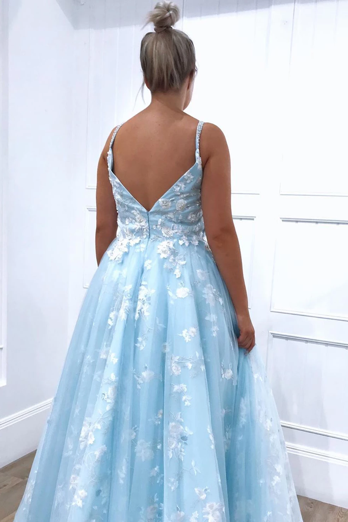 Spaghetti Straps Sky Blue Floral Appliques Long Prom Dresses Evening Dresses PDR61