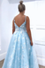 Spaghetti Straps Sky Blue Floral Appliques Long Prom Dresses Evening Dresses PDR61