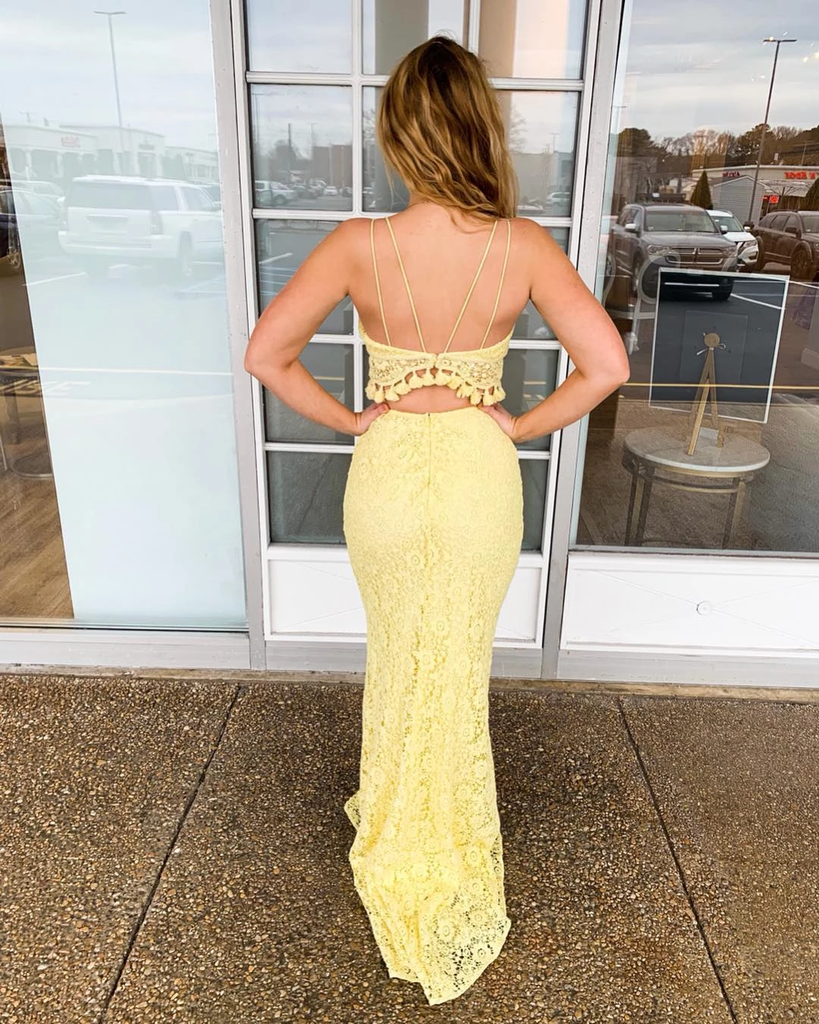 Two Piece Spaghetti Straps Yellow Lace Long Mermaid Prom Dress PDR58