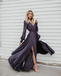 A-line Burgundy Long Prom Dresses Long Sleeve Simple Cheap Evening Dress PDR56