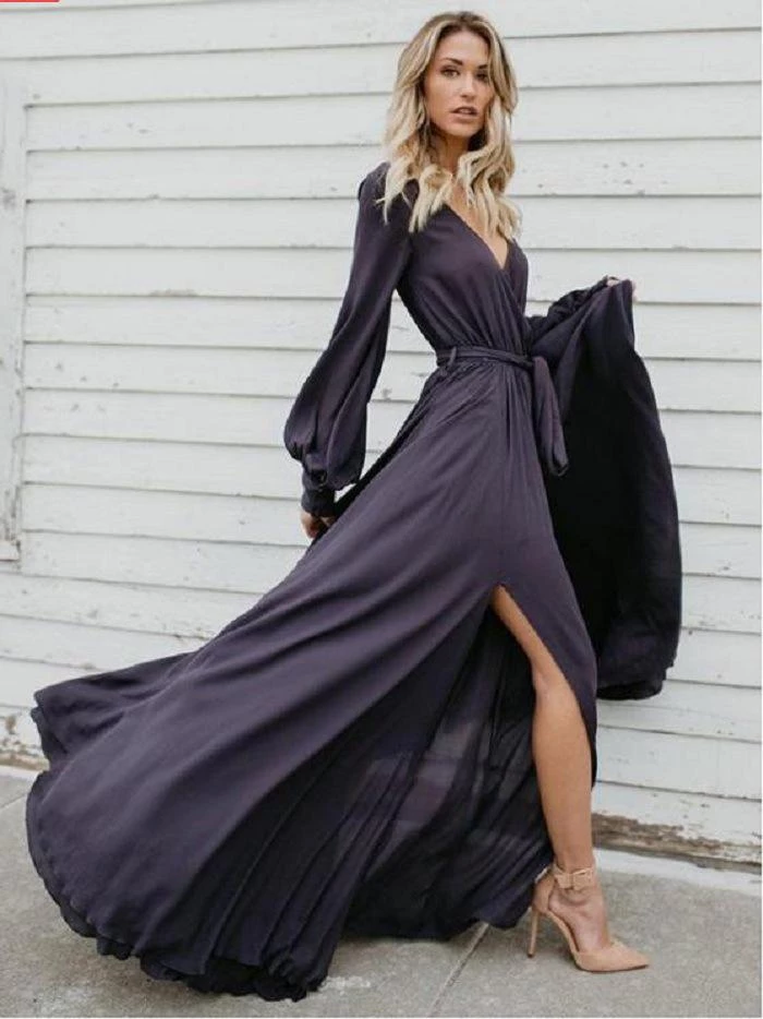 A-line Burgundy Long Prom Dresses Long Sleeve Simple Cheap Evening Dress PDR56