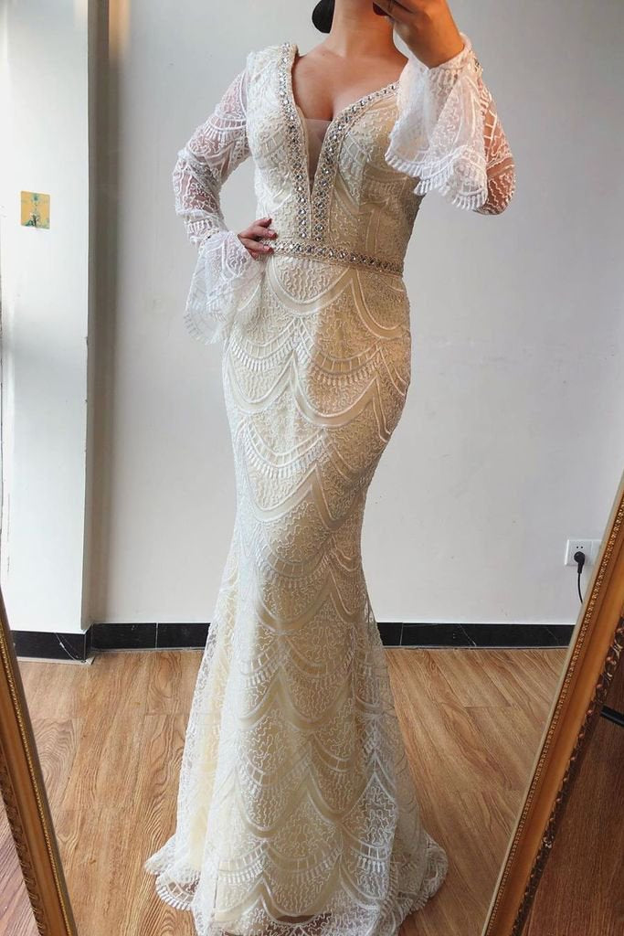 Trumpet/Mermaid V neck Lace Beaded Long Sleeves Prom Dresses Formal Elegant Evening Gowns PDS74