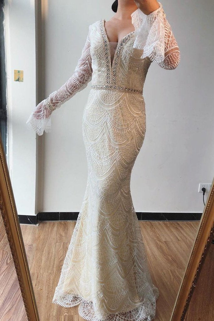 Elegant Sparkly Mermaid V neck Lace Beaded Long Sleeves Prom Dresses Evening Gowns PD190