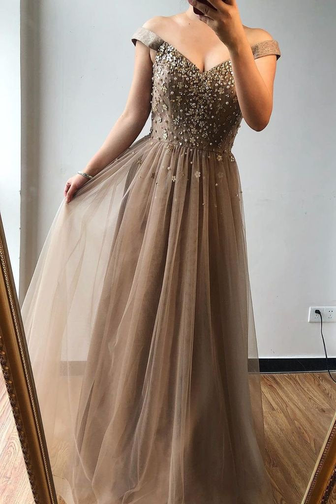 Elegant A-line Off the Shoulder Beaded Long Prom Dresses Brown Evening Gowns PD201