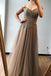 Elegant A-line Off the Shoulder Beaded Long Prom Dresses Brown Evening Gowns PD201