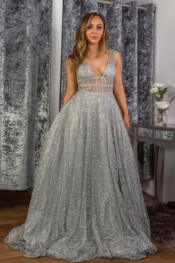 Stunning A-line V neck Sparkly Tulle Evening Dress Silver Prom Dress PDS16
