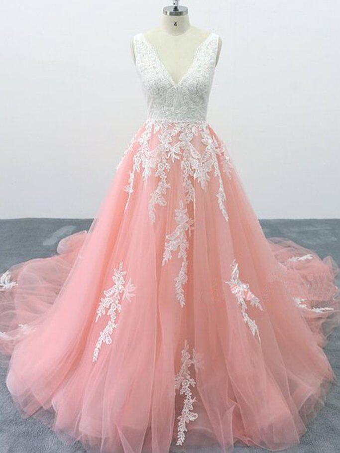 A-line V Neck Pink Tulle Lace Appliques Cathedral Train Formal Prom Dress PDS2