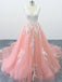 A-line V Neck Pink Tulle Lace Appliques Cathedral Train Formal Prom Dress PDS2