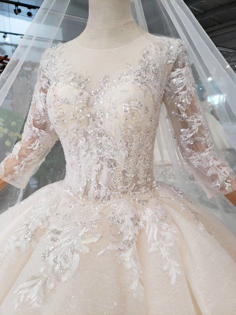 Elegant Scoop Ball Gown Wedding Dresses, 3/4 Sleeves Wedding Gown PDJ97
