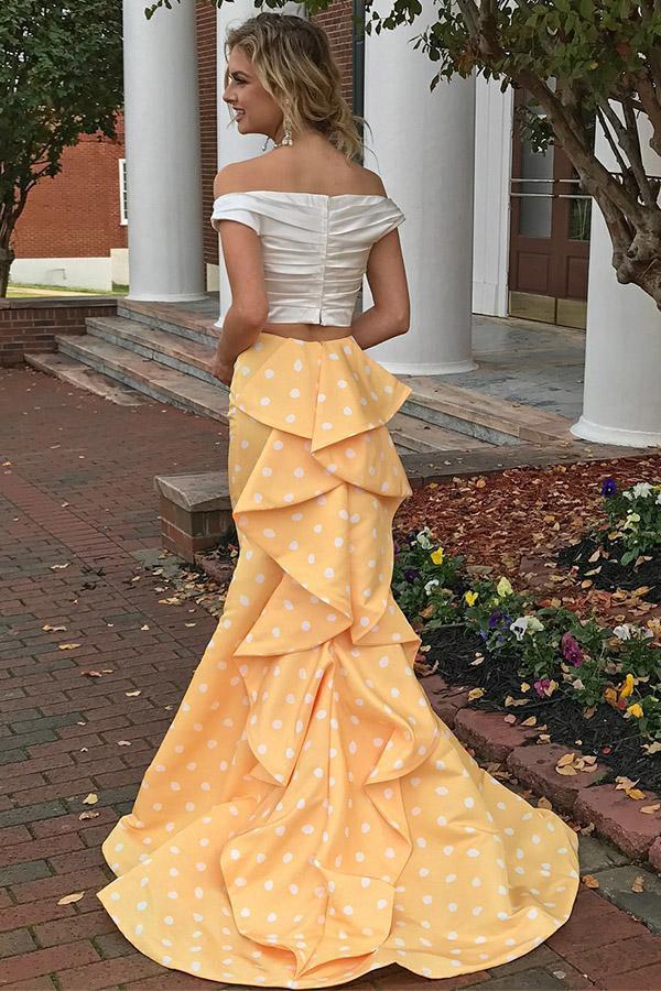 Charming 2 Pieces Off The Shoulder Yellow Long  Mermaid Prom Dresses PDH2