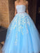 Cheap A-line  Sky Blue Lace Appliqued Tulle Long Strapless Prom Dresses PDI24