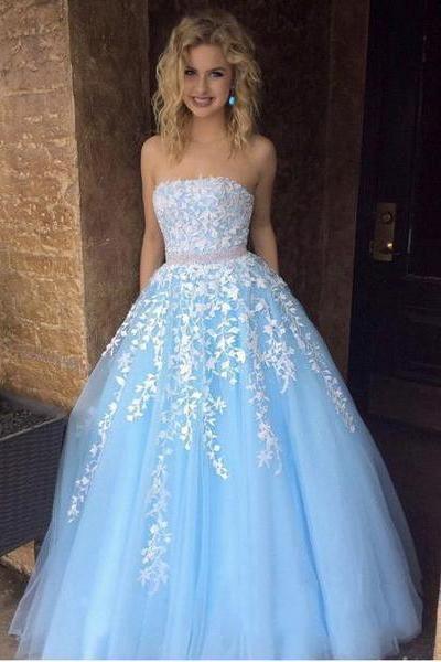 Cheap A-line  Sky Blue Lace Appliqued Tulle Long Strapless Prom Dresses PDI24