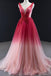 Charming A Line Ombre V Neck Tulle Burgundy Long Prom Dresses with Beads OM0135