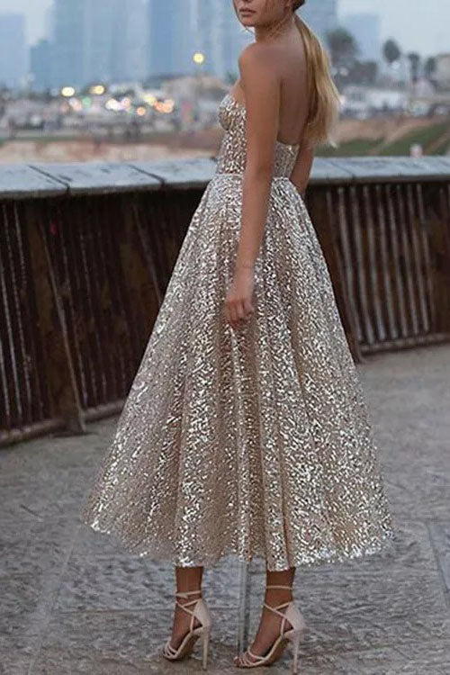 Elegant A Line Sliver Sparkly Sequins Sweetheart Strapless Tea Length Prom Dresses OM0138