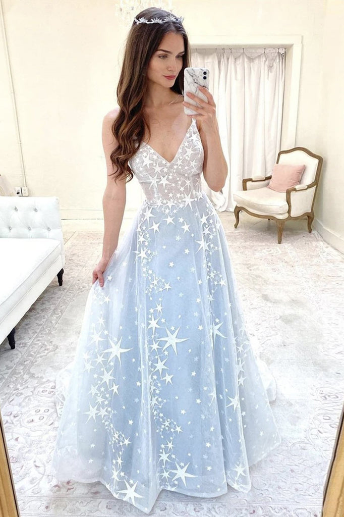 Glitter A Line V Neck Blue Lace Prom Dresses, Tulle Spaghetti Straps Evening Dresses OM0106