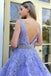 Elegant A Line V Neck Open Back Purple Lace Appliques Evening Dress, Long Prom Dress OM0017