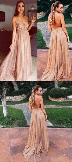 Sexy Sparkly Sequins Spaghetti Strap Prom Dresses V Neck Formal Evening Dress PDH50