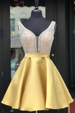A Line V Neck Sleeveless Homecoming Dress, Beading Satin Short Prom Dresses PDN41