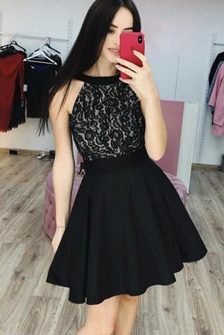 Black Lace Cheap Homecoming Dresses, A Line Sleeveless Short Prom Dress PPD36