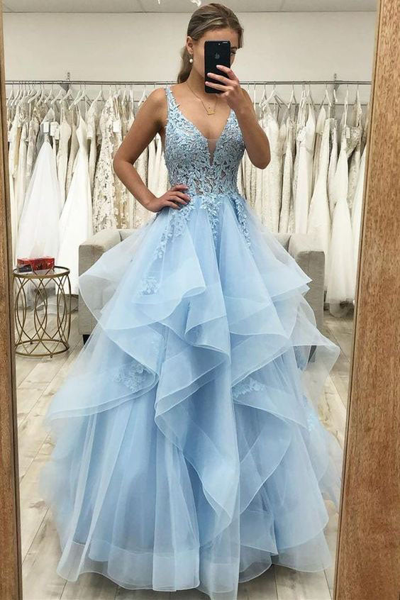 Princess Long Blue Lace Tulle Tiered V Neck Prom Dresses, Sweet 16 Graduation Dresses OM0122