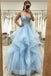 Princess Long Blue Lace Tulle Tiered V Neck Prom Dresses, Sweet 16 Graduation Dresses OM0122
