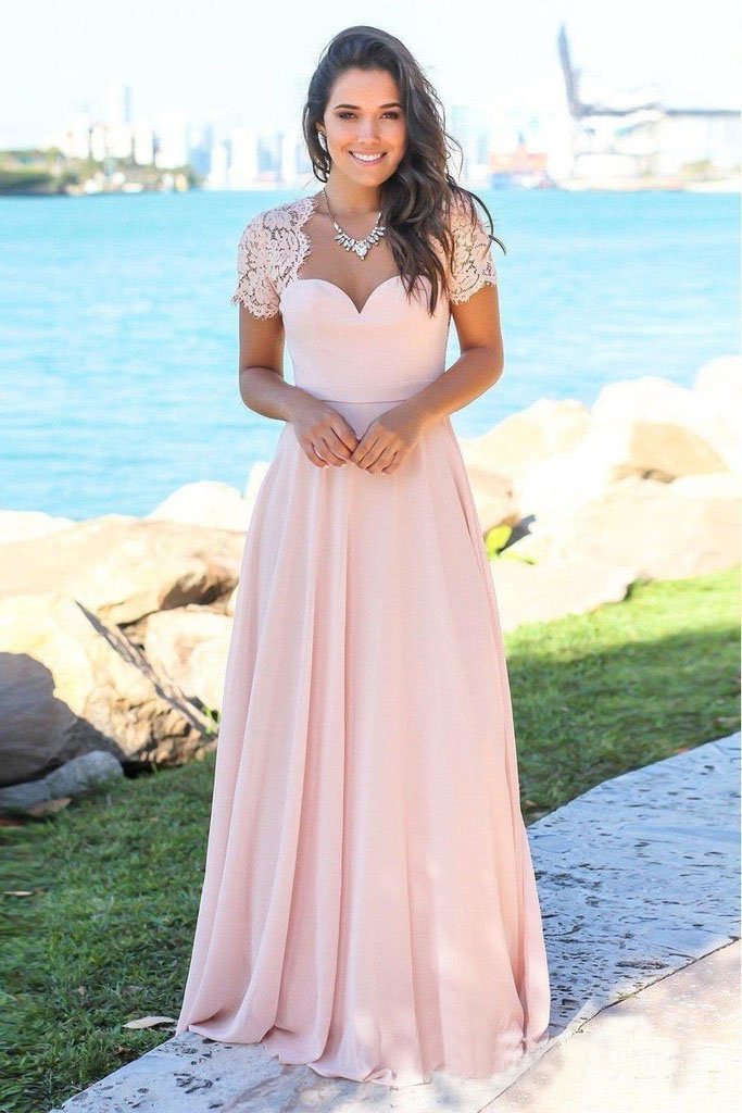 Pink Maxi Bridesmaid Dresses Short Sleeve Beach Wedding Guest Dresses PDO14