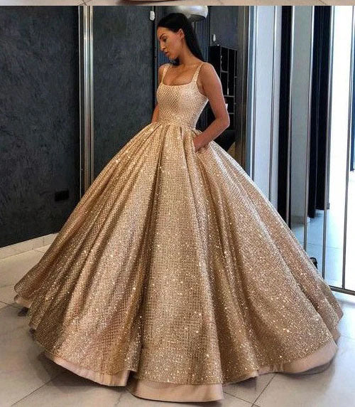 Ball Gown Prom Dresses with Pockets Beads Sequins Gold Quinceanera Dresses OM0007