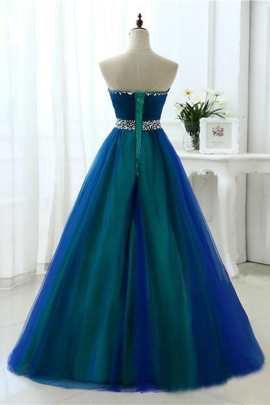 Contrast Colored Sweetheart Rhinestones Beading Sash A Line Long Prom Dresses PDS5
