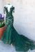 Mermaid Dark Green Prom Dresses With Long Sleeves Illusion Neck Party Dresses PDS6