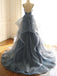 Deep V Neck Appliqued Spaghetti Straps Multi-Layered Organza Blue Bridal Dresses PDS11