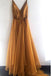 Spaghetti Strap A Line V Neck Gold Formal Cheap Long Prom Dresses PDG75