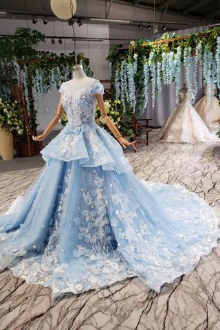Princess Light Sky Blue Prom Dress with Flowers, Ball Gown Quinceanera Dress PDP50