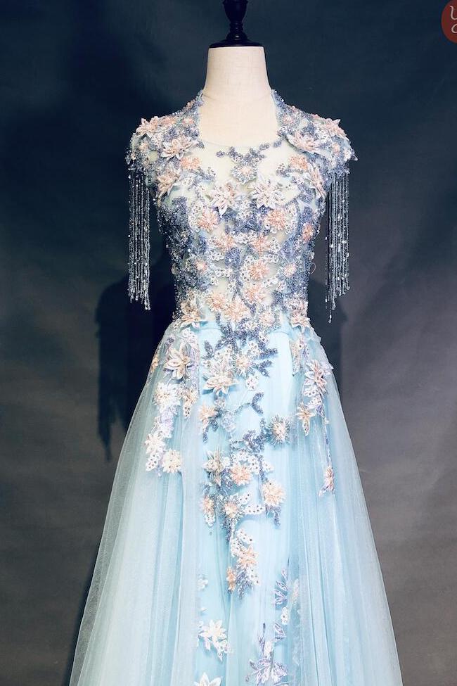 Light Blue Cap Sleeves Prom Dress with Beading, Formal Evening Dress PDN42