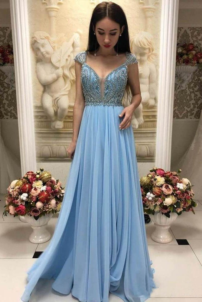 Elegant A-Line Beaded Sky Blue Prom Dresses With Cap Sleeves PDO96
