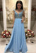 Elegant A-Line Beaded Sky Blue Prom Dresses With Cap Sleeves PDO96