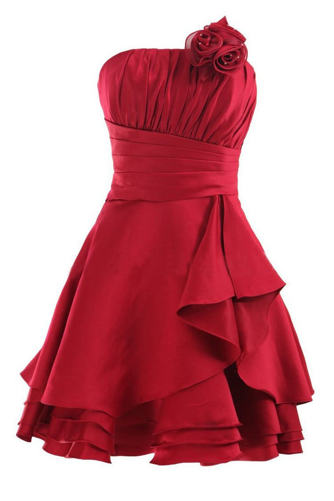 Strapless Red A Line Pleats Short Prom Dress With Flowers, Homecoming Dress PDG87