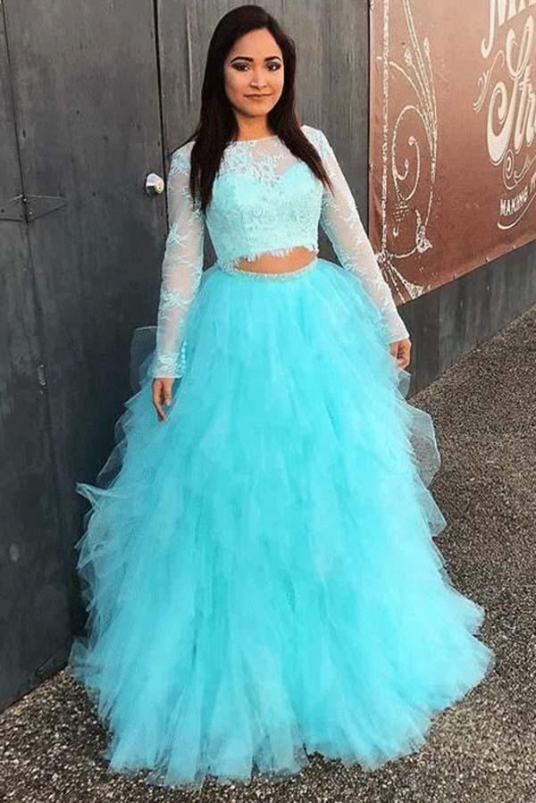 Full Sleeve Evening Dress, Two Piece Tulle Lace Top Prom Dress, Elegant Formal Dress PDE90