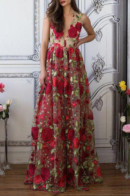 Red Floral Embroidery See Through Long Elegant Formal Prom Dresses PDG89