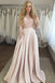 Two Piece 3/4 Sleeves Floor-Length Pink Satin Prom Dress with Lace Pockets PDI77