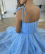 Newest Spaghetti Straps A-line Blue Sequin Tulle Pleated Prom Dresses OM0058