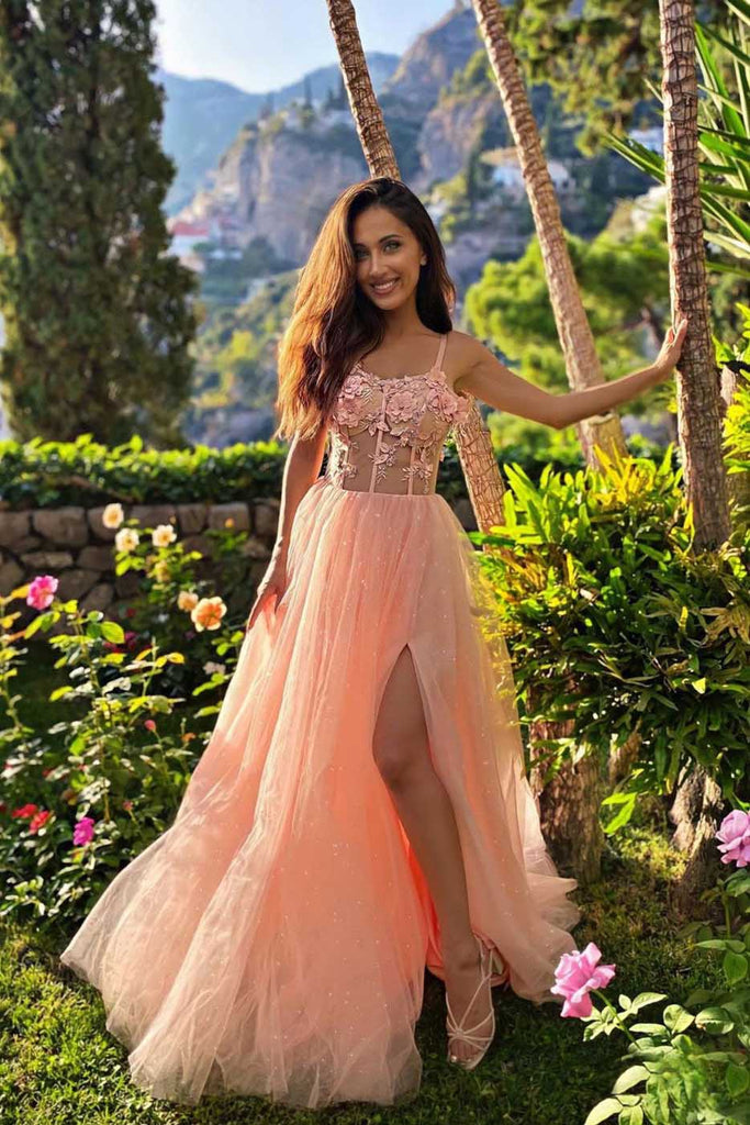 A Line Pink Lace Sweetheart Spaghetti Straps Prom Dresses with Slit OM0028