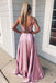 Two Piece Square A Line Pink Split Long Prom Dress with Lace Pockets PDI72
