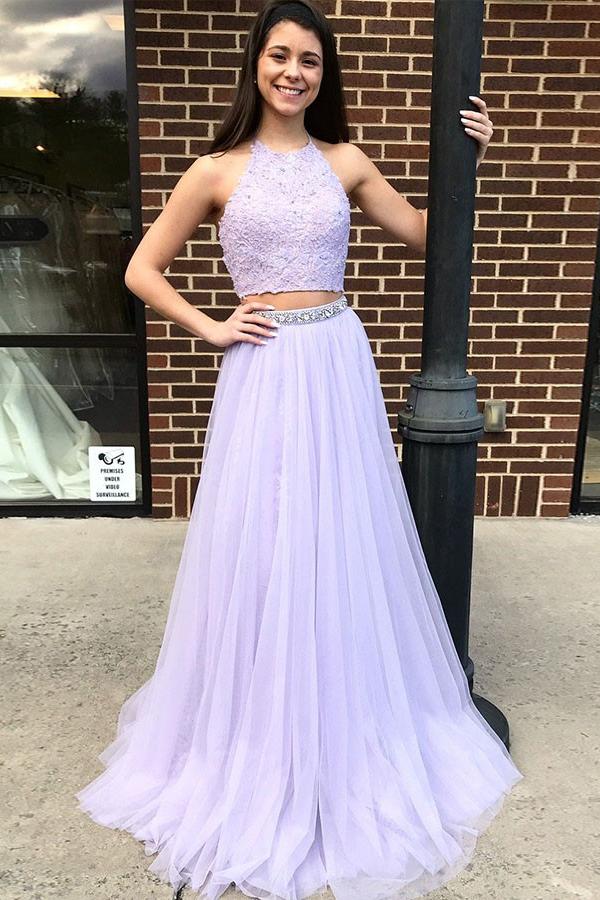 Two Piece Halter Backless Tulle Lavender Prom Dress with Lace Beading PDI75