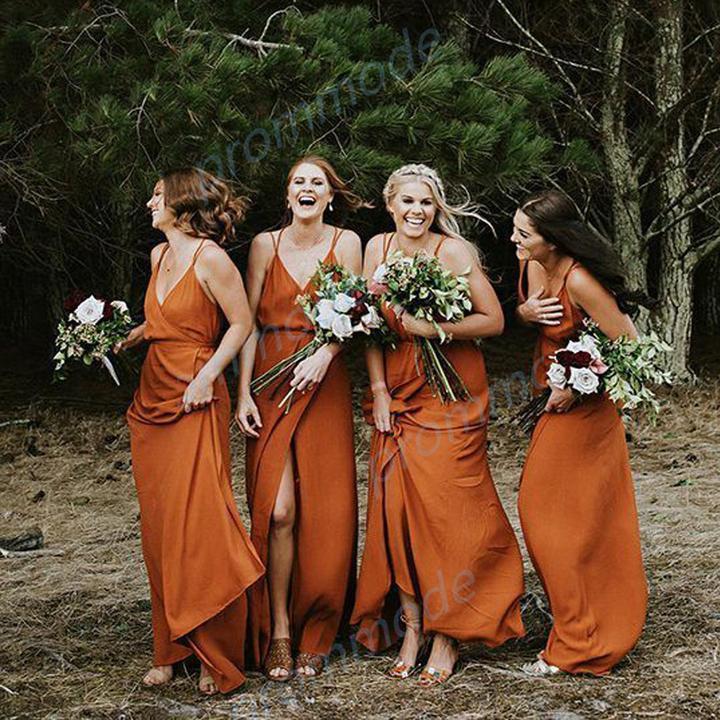 Charming Chiffon V-neck Spaghetti Straps Orange Split Long Bridesmaid Dress PDG58